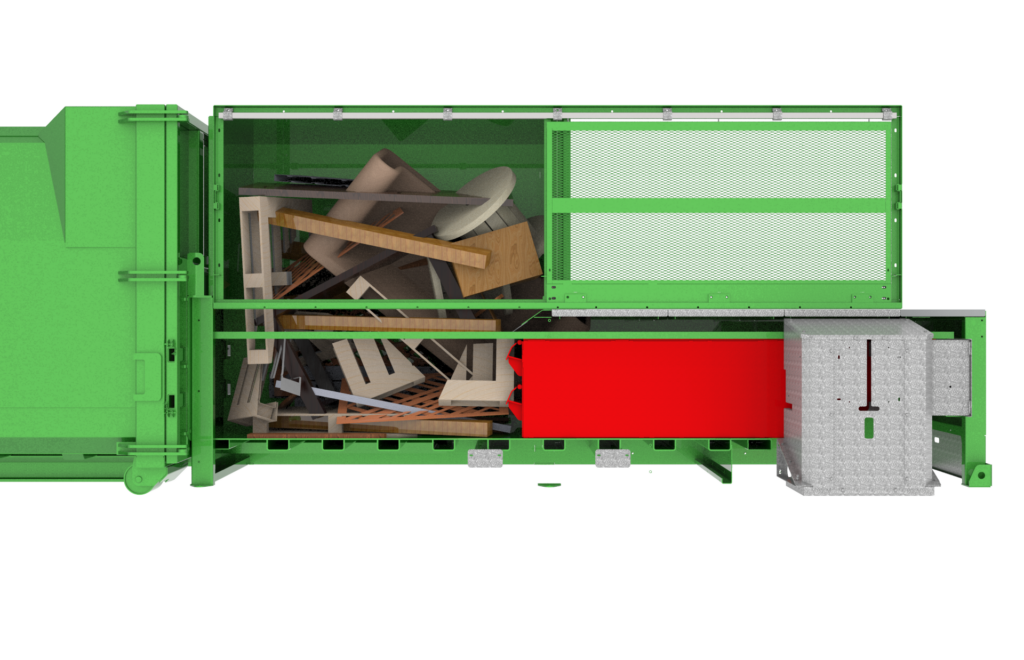Cross-sectional rendering of the G140 Pre Crush Static Waste Compactor with visible waste in the loading chamber