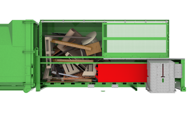 Cross-sectional rendering of the G140 Pre Crush Static Waste Compactor with visible waste in the loading chamber