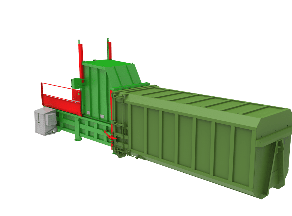 Side view render of the Gradeall G140 Pre-Crush Compactor with walk-on hopper