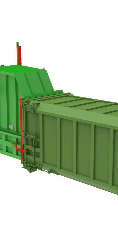Side view render of the Gradeall G140 Pre-Crush Compactor with walk-on hopper