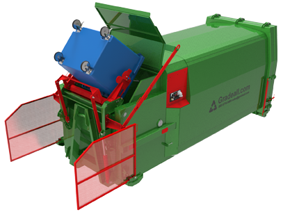 Gradeall GPC P24 compactor with 1100 litre wheelie bin lift mechanism, designed for efficient wet waste handling