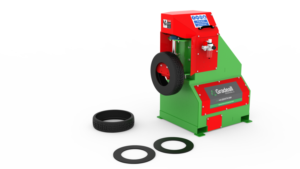 Digital render of Gradeall Car Tyre Sidewall Cutter with a tyre and separated sidewalls