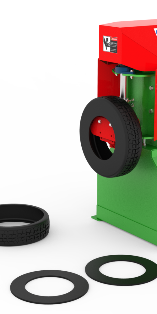 Digital render of Gradeall Car Tyre Sidewall Cutter with a tyre and separated sidewalls