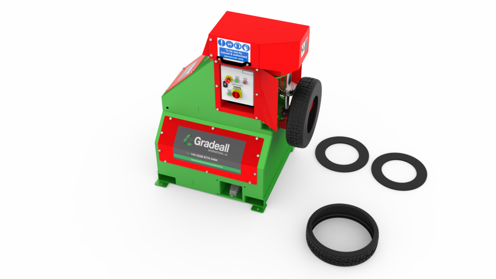 3D render of the Gradeall Car Tyre Sidewall Cutter with separated tyre components
