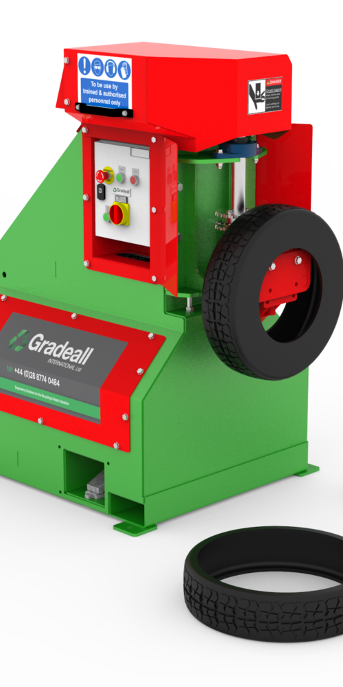 Digital render of a Gradeall Tire Sidewall Cutter with a tire, tread, and sidewalls.