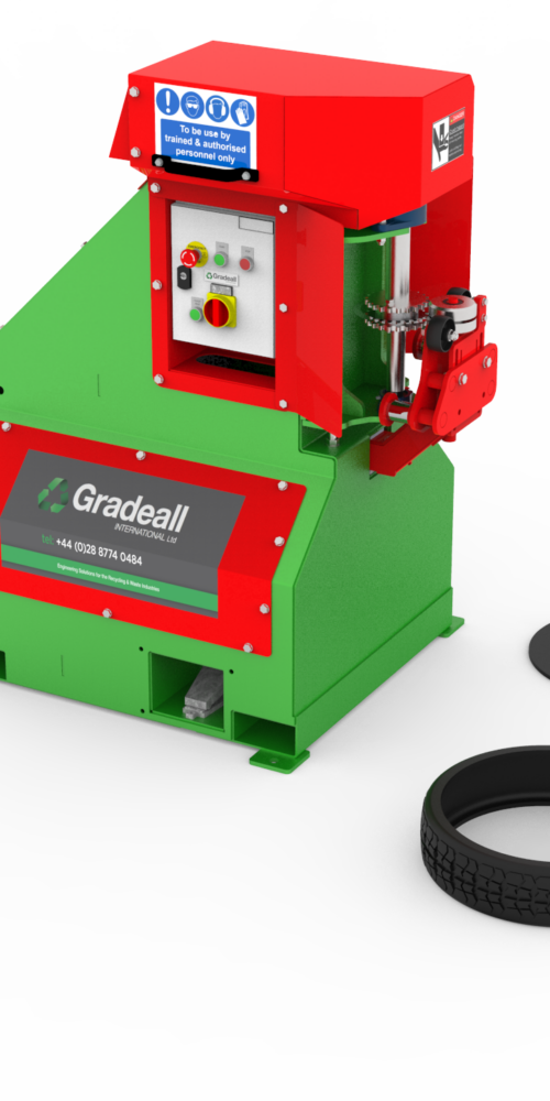 Gradeall Car Tyre Sidewall Cutter with an example of cut tyre and sidewalls