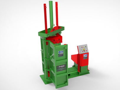 Clothing & Textile Baler | 3D render of a Gradeall clothes baler machine in green and red, designed for compacting textiles into bales
