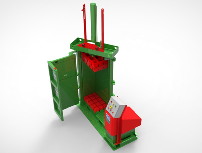 3D render of an angled view of a Gradeall clothes baler machine with open doors, exposing the red internal baling chamber