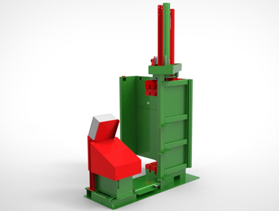 3D render of a Gradeall clothes baler machine in green and red with a closed chamber and an angled control panel