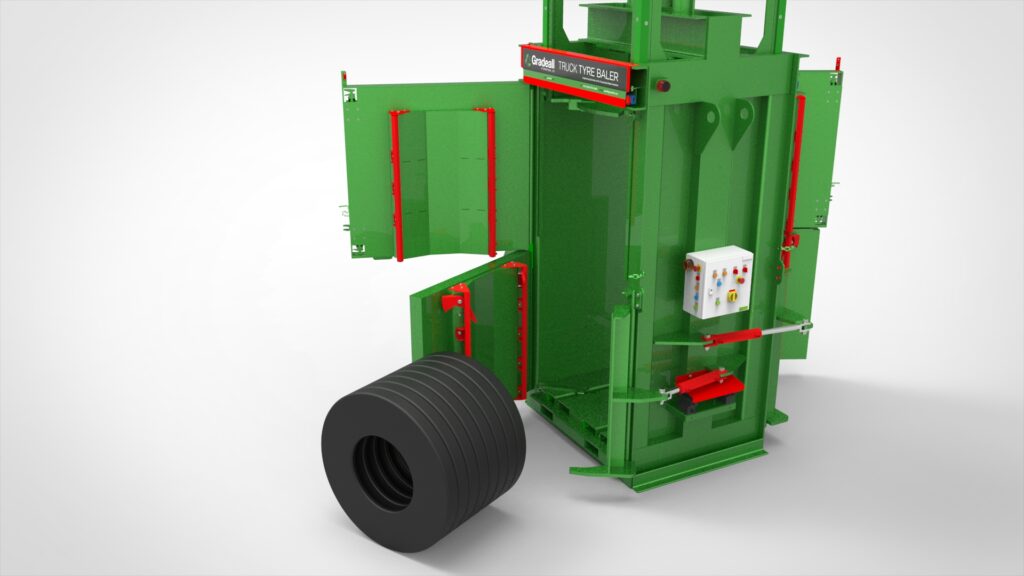 Rendered image of the Gradeall Truck Tyre Baler with an ejected bale.