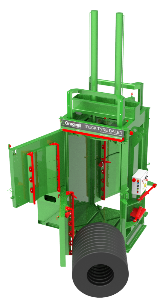 3D model of Gradeall Truck Tyre Baler with a compacted tyre bale beside it.