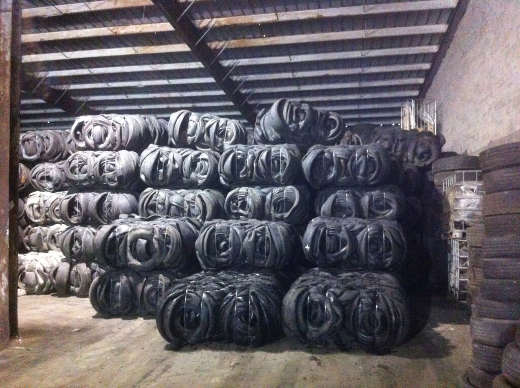 lots of tyre bales stacked
