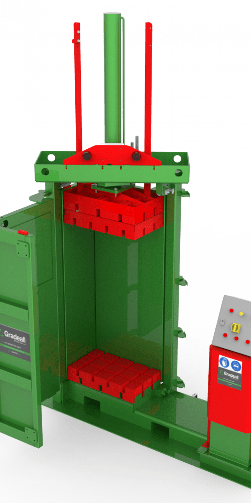 D render of an open Gradeall clothes baler machine, highlighting its internal baling chamber and control panel