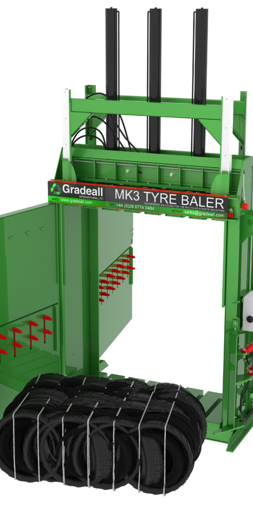 MK3, Gradeall MK3, Gradeall Mark Three, tyre baler, wide tyre baler, wide tyre bales, bale of tyres, pas108, tyre baling, tyre recyling, tire recycling, waste tyres, weibold, rubber and tyre, tyre building, building with tyre bales, tyre bales construction,mk2