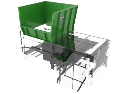 Gradeall tipping skip hopper in green, designed for direct feed from machinery such as forklifts, with an open-door feature for easy waste handling.