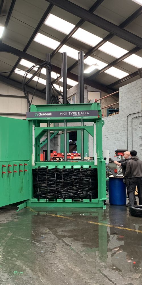 MK3, Gradeall MK3, Gradeall Mark Three, tyre baler, wide tyre baler, wide tyre bales, bale of tyres, pas108, tyre baling, tyre recyling, tire recycling, waste tyres, weibold, rubber and tyre, tyre building, building with tyre bales, tyre bales construction, baler wire, bale strap