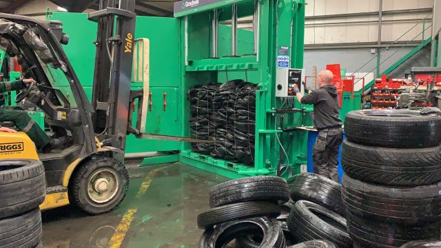 MK3, Gradeall MK3, Gradeall Mark Three, tyre baler, wide tyre baler, wide tyre bales, bale of tyres, pas108, tyre baling, tyre recyling, tire recycling, waste tyres, weibold, rubber and tyre, tyre building, building with tyre bales, tyre bales construction, bale eject,