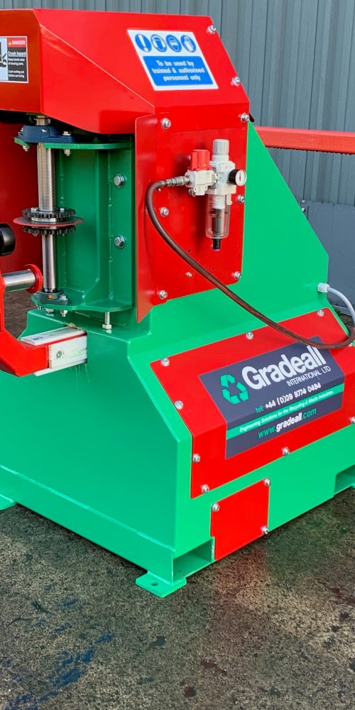 Gradeall Car Tyre Sidewall Cutter machine positioned on concrete ground.
