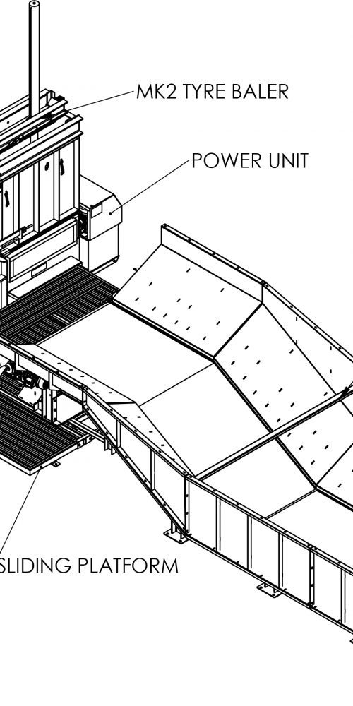 Isometric drawing of Gradeall's Inclined Tyre Baler Conveyor with two MK2 Tyre Balers, highlighting the comprehensive recycling system layout.
