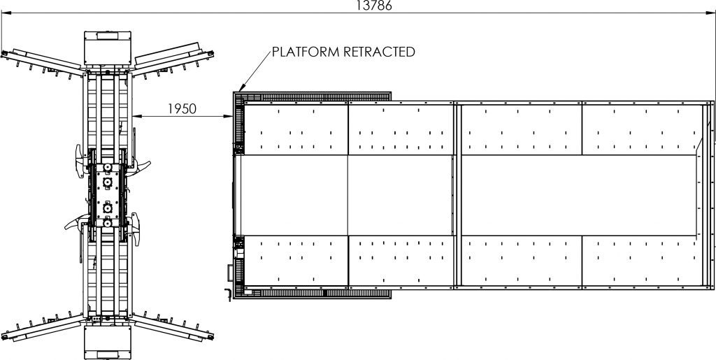 Aerial technical drawing of Gradeall's inclined tyre baler conveyor with the platform retracted, showing precise layout dimensions.