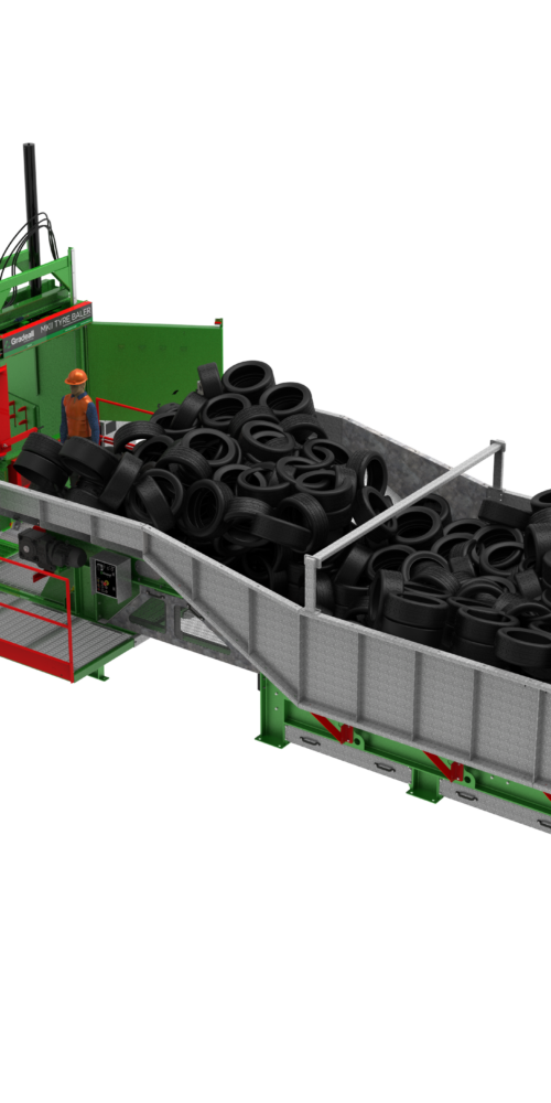 3D rendering of a Gradeall inclined tyre baler conveyor with two MK2 tyre balers, operated by figures in safety gear.