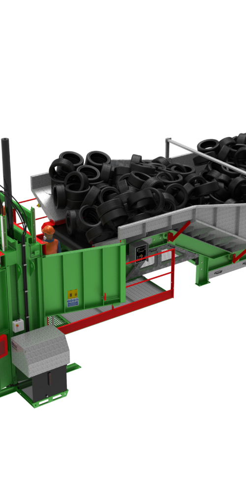 3D rendering of an inclined tyre baler conveyor system loaded with black waste tyres, featuring green and red machinery components