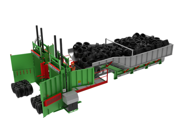 3D rendering of an inclined tyre baler conveyor system loaded with black waste tyres, featuring green and red machinery components