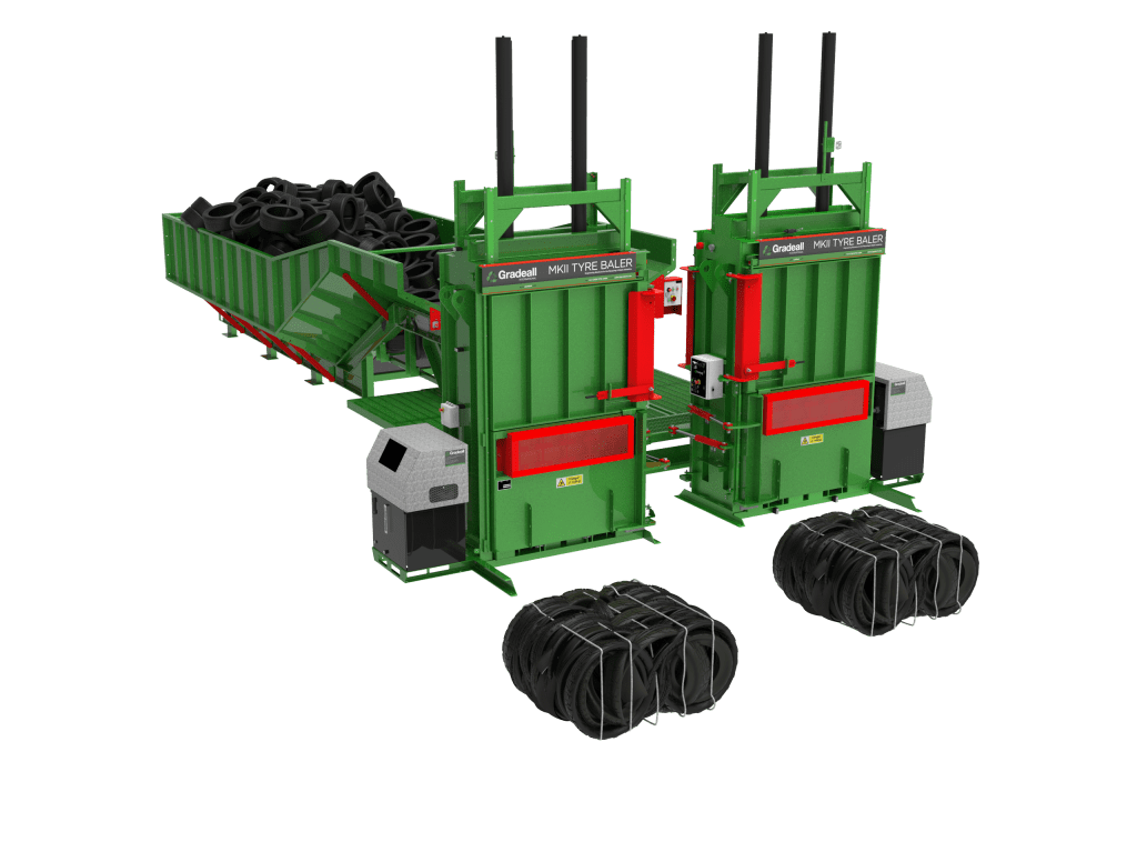 Automated Inclined Tyre Baler Conveyor system with two MK2 Tyre Balers and baled tyres, enhancing operator safety by reducing bending and lifting.