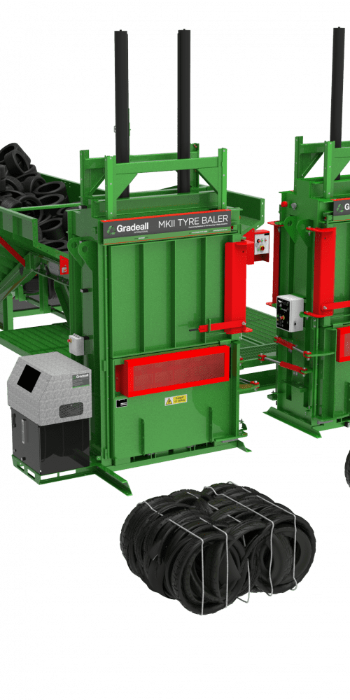 Automated Inclined Tyre Baler Conveyor system with two MK2 Tyre Balers and baled tyres, enhancing operator safety by reducing bending and lifting.