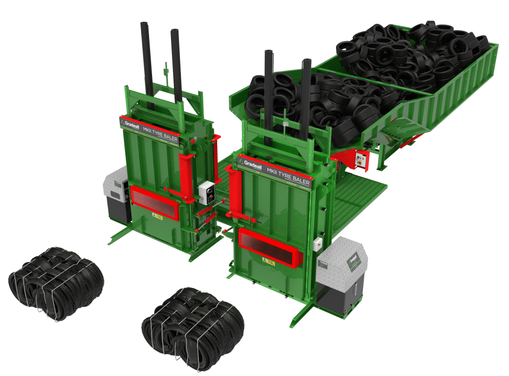 Render of Gradeall's Inclined Tyre Baler Conveyor with two MK2 Tyre Balers efficiently processing a large volume of tyres.