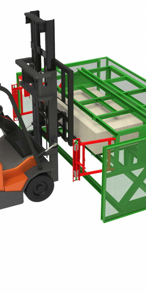 A forklift aligns a pallet for inverting in the Gradeall Pallet Inverter system