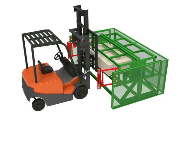 A forklift aligns a pallet for inverting in the Gradeall Pallet Inverter system