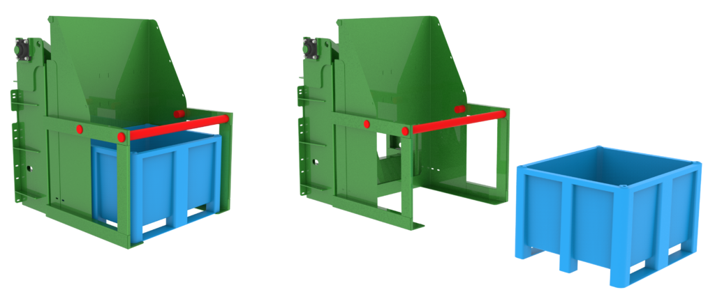 Dolav bin lift manufactured by Gradeall, designed to be fitted to Gradeall Static Waste Compactors