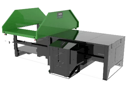Green open top hopper from Gradeall, featuring double-sided or one-sided loading options for bulky waste, equipped with emergency stops for enhanced safety.