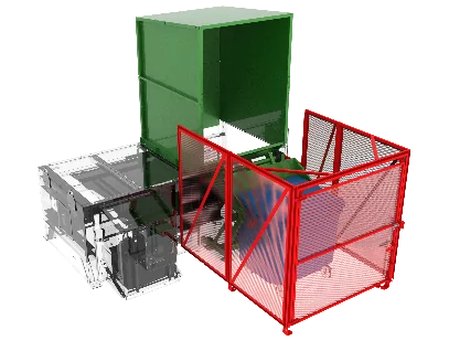 Gradeall bin lift system with a red safety cage, designed to facilitate the loading of wheelie bins into the compactor, ensuring operational safety with magnetic interlocks