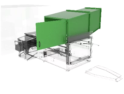 Gradeall chute fed hopper system, showcasing integration with a green waste compactor, designed for seamless connection with chute-based waste extraction systems.