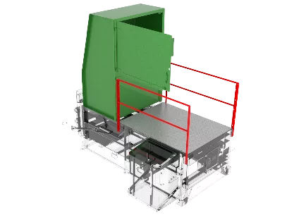 Standard walk-on deck load hopper by Gradeall, featured with a split door for easy waste disposal, tailored for council-run amenity sites, and shown with a green and grey design.