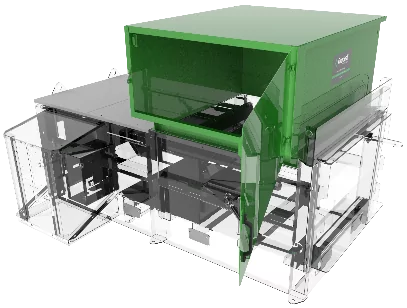 Gradeall manually loaded hopper with safety features, showing a hinged door design for easy material feeding into the compactor, complete with a magnetic interlock system