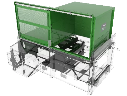 Industrial sliding door hopper by Gradeall, designed for easy loading of bulky waste, featuring a lockable door and magnetic safety interlock.