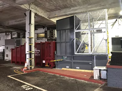 G90 Static Waste compactor with bin lift at skypark glasgow shopping centre 03