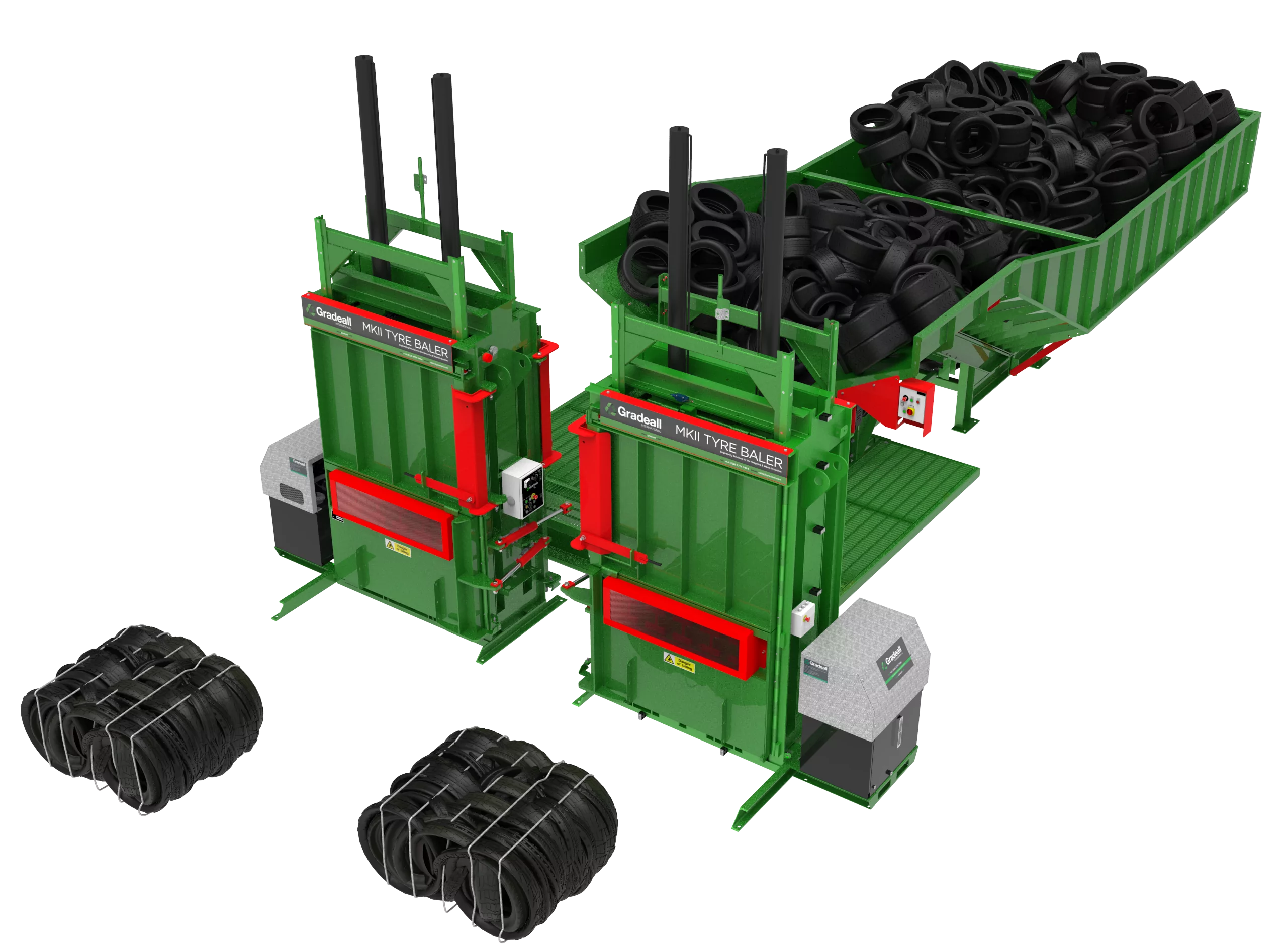 Render of Gradeall's Inclined Tyre Baler Conveyor with two MK2 Tyre Balers efficiently processing a large volume of tyres.
