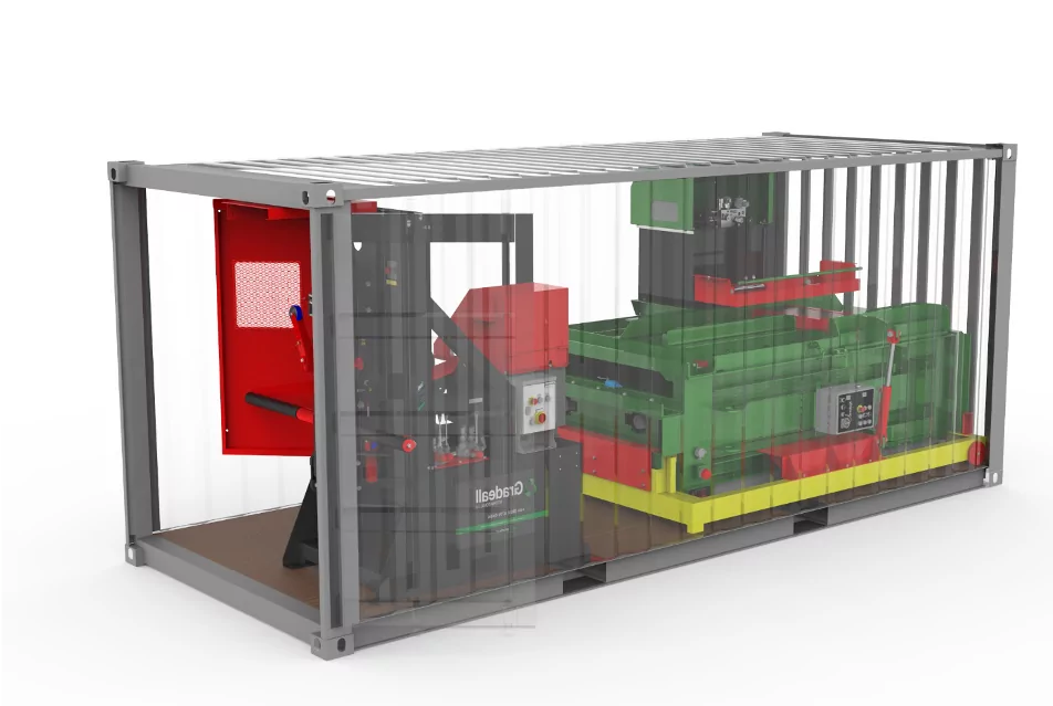 Rendering of Mk2 tyre baler and sidewall cutter in 20ft container