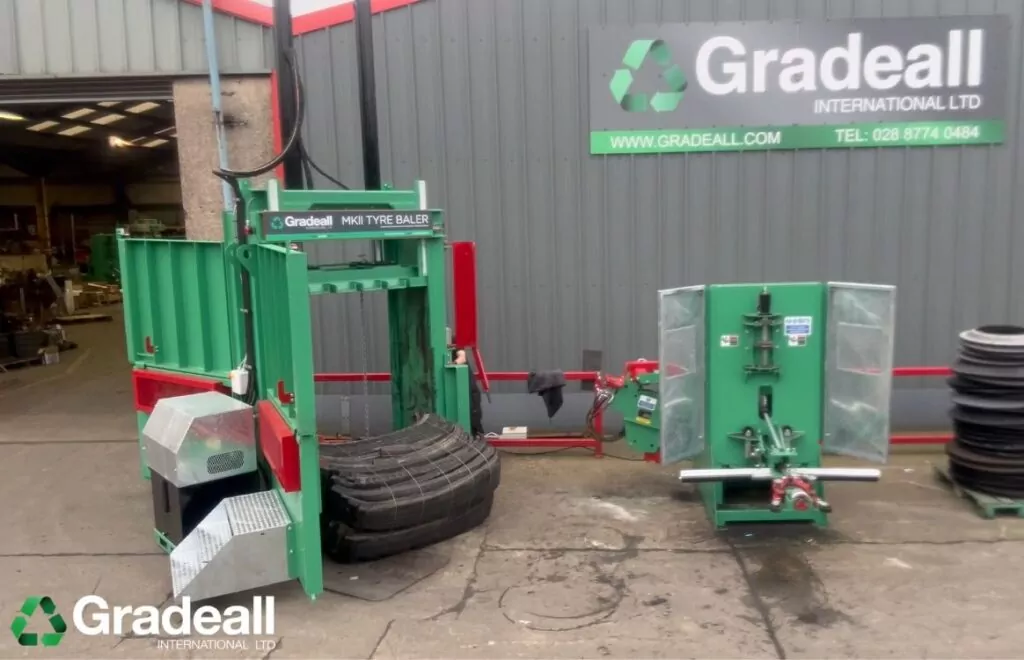 Gradeall MKII tire baler at the Dungannon manufacturing facility, helping recyclers comply with China's recycling laws