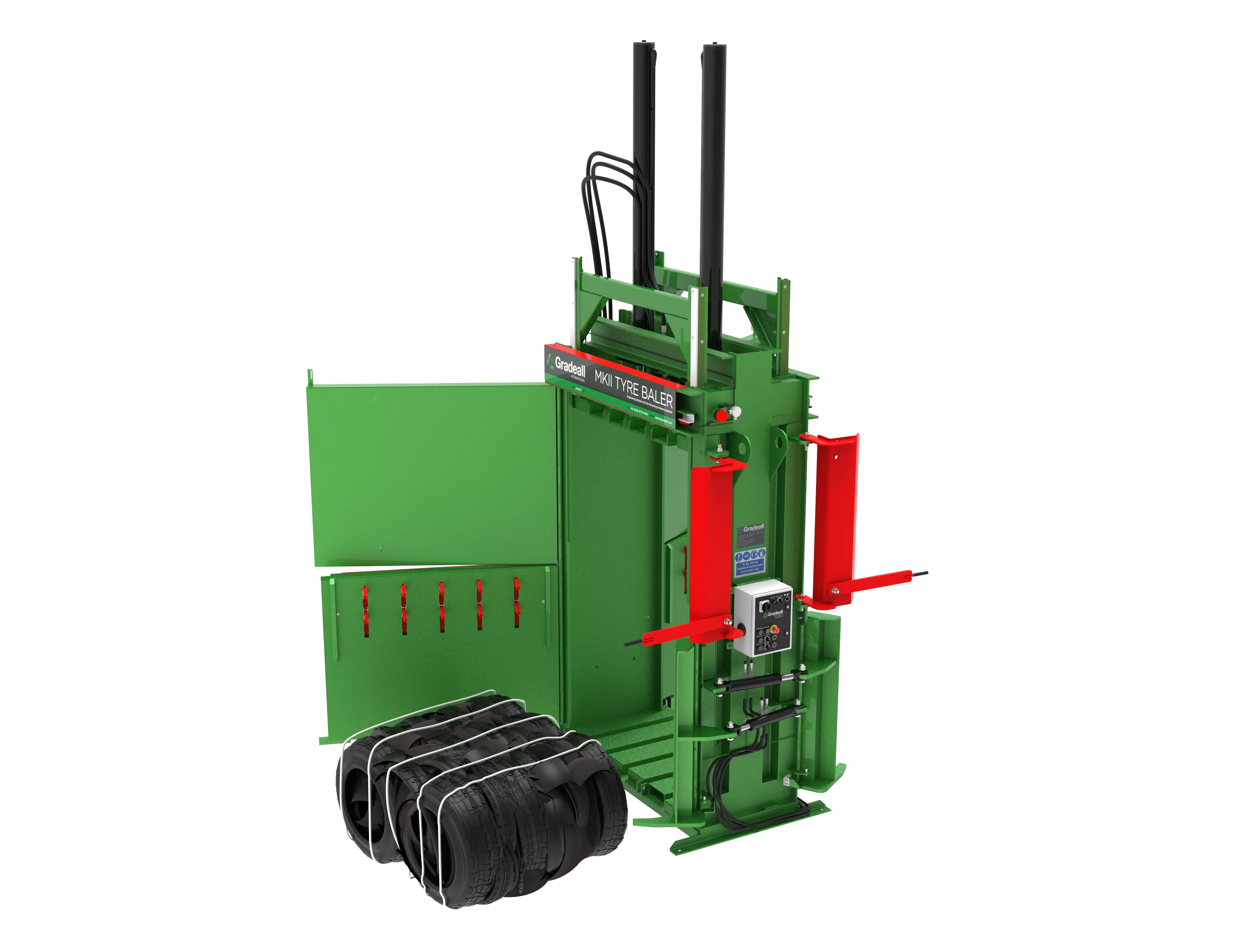 A green and red Tyre Baler machine compresses and bundles used tires, which are tied with bands and neatly stacked in front of the equipment.