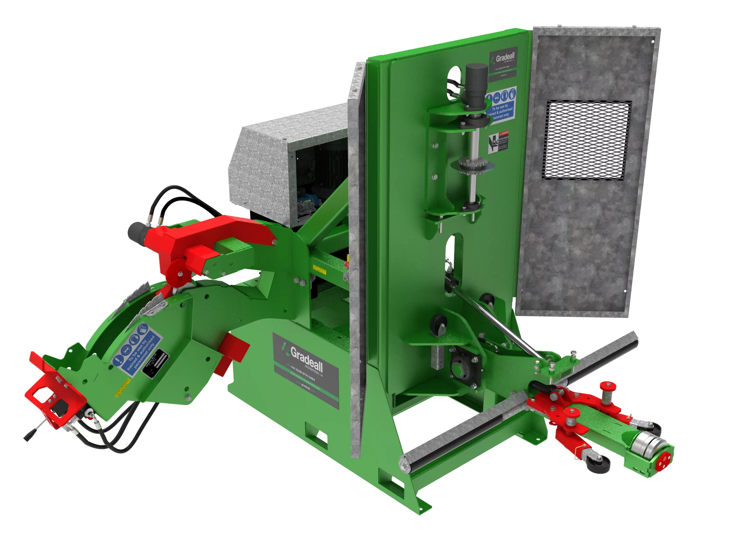 A green industrial hydraulic Tyre Sidewall Cutter with metal components and levers, featuring a steel safety guard and control labels, designed for material processing or manipulation.